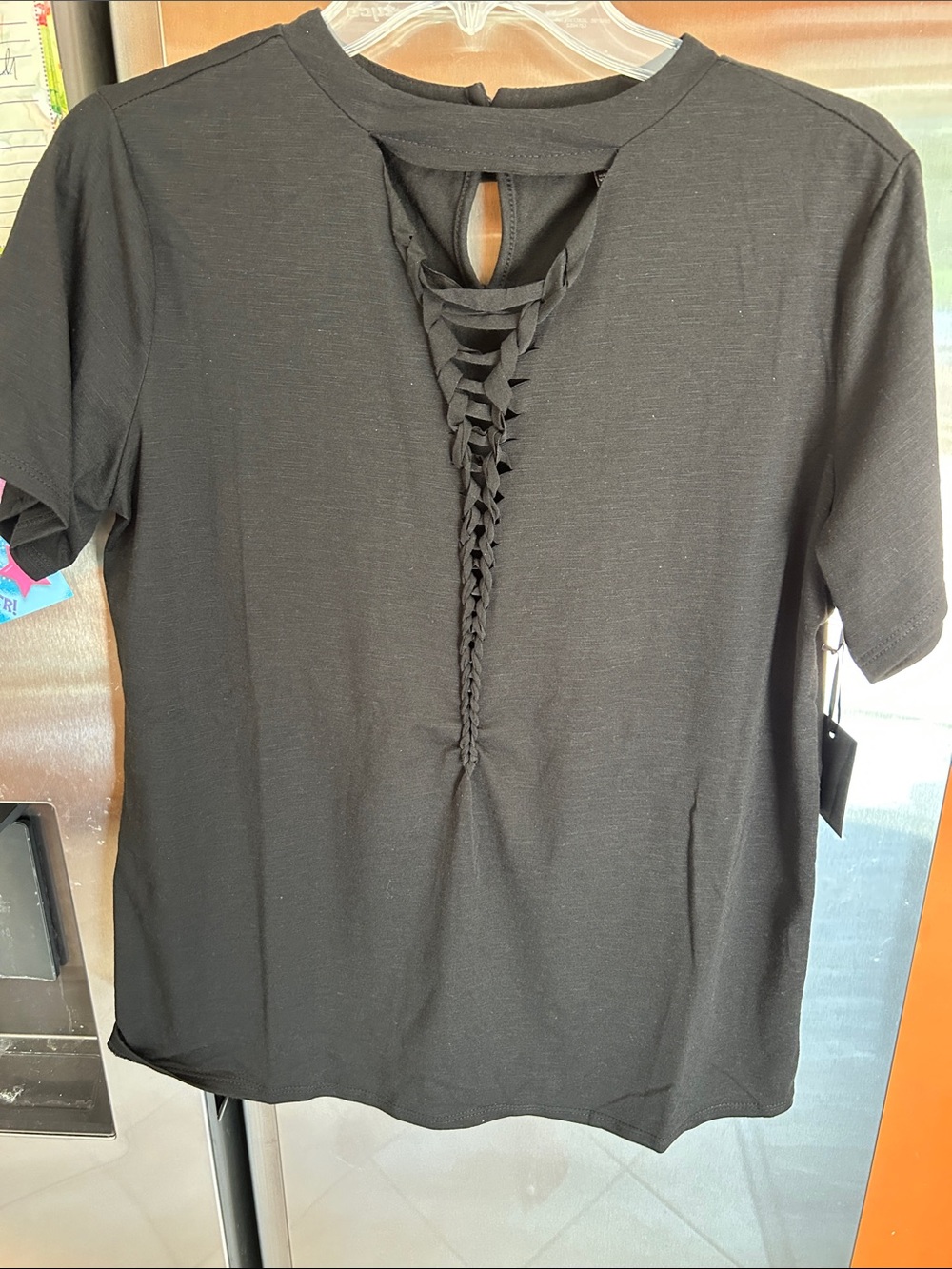 Women's Black Short Sleeve Top with Braided Keyhole Detail